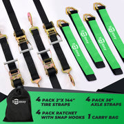 Trekassy 2”x 144” Car Tie Down Straps for Trailers Heavy Duty, 10000lbs Break Strength, 4 Pack Steel Ratchet, 4 Tire Straps, 4 Axle Straps (Black)