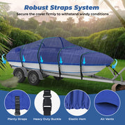RVMasking Middle 1400D Reinforced Boat Cover with Drainage Kits & Storage Bag, Marine Grade Waterproof Trailerable Boat Cover, Blue