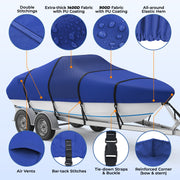RVMasking Middle 1400D Reinforced Boat Cover with Drainage Kits & Storage Bag, Marine Grade Waterproof Trailerable Boat Cover, Blue