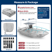 T-Top Boat Cover with Motor Cover, 1400D Upper Reinforced Heavy Duty Waterproof Tear-Resistant Boat Cover for Center Console Boat with T TOP Roof, 17'-24' Long Beam Width up to 116"