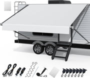 RV Awning Fabric Replacement, Upgraded 19oz Heavy Duty Material with Awning Tie Down Kits & 7 Hooks, Outdoor Vinyl Canopy for Trailer and Motorhome Awning- 10'-21'