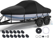Boat Cover with Fast Drainage Kits, 1400D Middle Reinforced Heavy Duty Waterproof Polyester Canvas with Storage Bag Fits 14'-24' V-Hull, Tri-Hull, Runabout Bass Boat, Fish&Ski