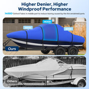 Boat Cover with Fast Drainage Kits, 1400D Middle Reinforced Heavy Duty Waterproof Polyester Canvas with Storage Bag Fits 14'-24' V-Hull, Tri-Hull, Runabout Bass Boat, Fish&Ski