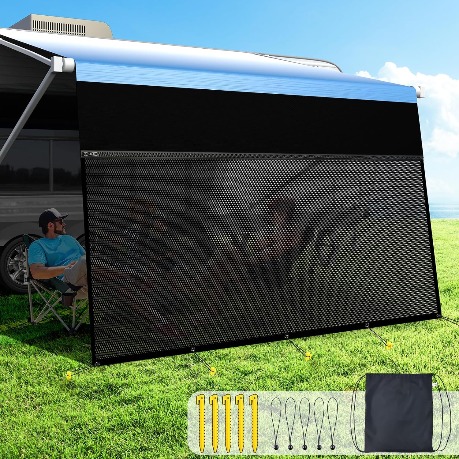 600D Top + Mesh Bottom RV Awning Shade Screen with Zipper for Trailer Camper