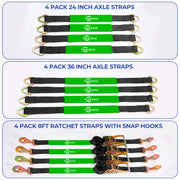 Trekassy Car Tie Down Straps for Trailers with Snap Hooks, 2" x 96" Ratchet Car Hauler Straps, Includes (4) 24 Inch Axle Straps, (4) 36 Inch Axle Straps (Black)