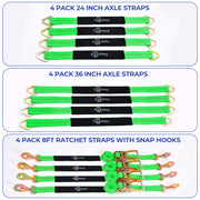 Trekassy Car Tie Down Straps for Trailers with Snap Hooks, Ratchet Tie Downs for Car, Truck, UTV & More, 10000 lb Break Strength, Includes (4) 24 Inch Axle Straps, (4) 36 Inch Axle Straps