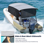 3 4 Bow Bimini Tops for Boats with 3 Mesh Sidewalls Rear Support Poles Boat Canopy Includes Straps Storage Boot, Dark Gray
