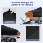 Trailerable Boat Cover, 1400D Center Reinforced, 16'-18.5', Black | Heavy Duty Marine Fabric, Waterproof, UV Resistant, Tear-Resistant, Air Vents, 11 Straps, fits V-hull Bass Tracker Boat