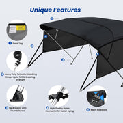 KAKIT 3 4 Bow Bimini Tops for Boats with 3 Mesh Sidewalls Rear Support Poles Boat Canopy（4 Bow 8'L x 54" H x 91"-96" W）