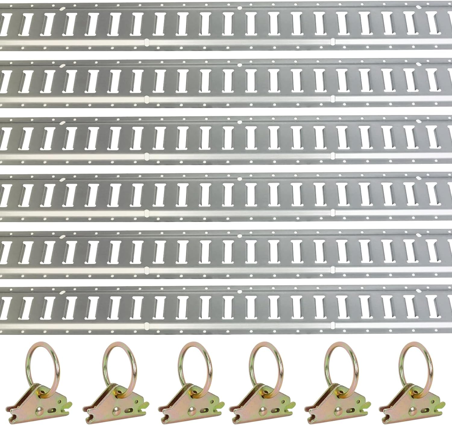 6 Pack 5ft Galvanized Steel Horizontal E-Track Rails with 6 Steel O-Ri ...