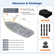 Trailerable Boat Cover, 1400D Center Reinforced, 16'-18.5', Black | Heavy Duty Marine Fabric, Waterproof, UV Resistant, Tear-Resistant, Air Vents, 11 Straps, fits V-hull Bass Tracker Boat