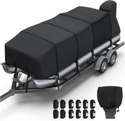 1400D Oxford Heavy Duty Waterproof Trailerable Cover for Pontoon/Deck Boat with 8 Metal Buckles and 12 Adjustable Tightening Straps