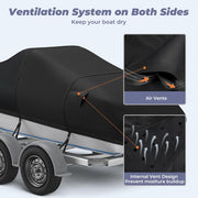 Trailerable Boat Cover, 1400D Center Reinforced, 16'-18.5', Black | Heavy Duty Marine Fabric, Waterproof, UV Resistant, Tear-Resistant, Air Vents, 11 Straps, fits V-hull Bass Tracker Boat