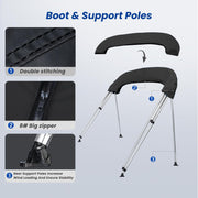 KAKIT 3 4 Bow Bimini Tops for Boats with 3 Mesh Sidewalls Rear Support Poles Boat Canopy（4 Bow 8'L x 54" H x 91"-96" W）