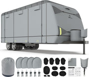 RVMasking RV Cover 7 Layers Travel Trailer Cover, Extra Windproof Camper Cover, Toy Hauler Cover with Tire Covers Tongue Jack Cover, Light Gray