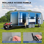 RVMasking RV Cover 7 Layers Travel Trailer Cover, Extra Windproof Camper Cover, Toy Hauler Cover with Tire Covers Tongue Jack Cover, Light Gray