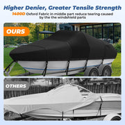 Trailerable Boat Cover, 1400D Center Reinforced, 16'-18.5', Black | Heavy Duty Marine Fabric, Waterproof, UV Resistant, Tear-Resistant, Air Vents, 11 Straps, fits V-hull Bass Tracker Boat