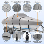 RVMasking Waterproof Boat Cover 20-22 ft, 1400D Heavy Duty Middle Reinforced Marine Grade Trailerable Cover, Fits 20'-22' V-Hull Tri-Hull Bass Boat Runabout Fish Ski Boat with Storage Bag