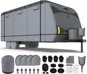 RVMasking Travel Trailer RV Cover 31-34ft, 7 Layers Extra-Thick Camper Cover Waterproof Windproof for Toy Hauler with 4 Tire Covers & Tongue Jack Cover & Propane Tank Cover, Dark Gray