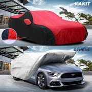 KAKIT Waterproof Car Cover for 1994-2023 Ford Mustang, Custom Fit Mustang Cover with Door Zipper No Faded UV Resistant for Outdoor/Indoor (Red & Black Combo)