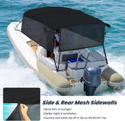 KAKIT 3 4 Bow Bimini Tops for Boats with 3 Mesh Sidewalls Rear Support Poles Boat Canopy（4 Bow 8'L x 54" H x 91"-96" W）