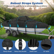 Trailerable Boat Cover, 1400D Center Reinforced, 16'-18.5', Black | Heavy Duty Marine Fabric, Waterproof, UV Resistant, Tear-Resistant, Air Vents, 11 Straps, fits V-hull Bass Tracker Boat