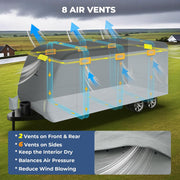 RVMasking RV Cover 7 Layers Travel Trailer Cover, Extra Windproof Camper Cover, Toy Hauler Cover with Tire Covers Tongue Jack Cover, Light Gray