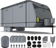 RVMasking Travel Trailer RV Cover 20-22ft, 7 Layers Extra-Thick Camper Cover Waterproof Windproof for Toy Hauler with 4 Tire Covers & Tongue Jack Cover & Propane Tank Cover, Dark Gray