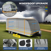 RVMasking RV Cover 7 Layers Travel Trailer Cover, Extra Windproof Camper Cover, Toy Hauler Cover with Tire Covers Tongue Jack Cover, Light Gray