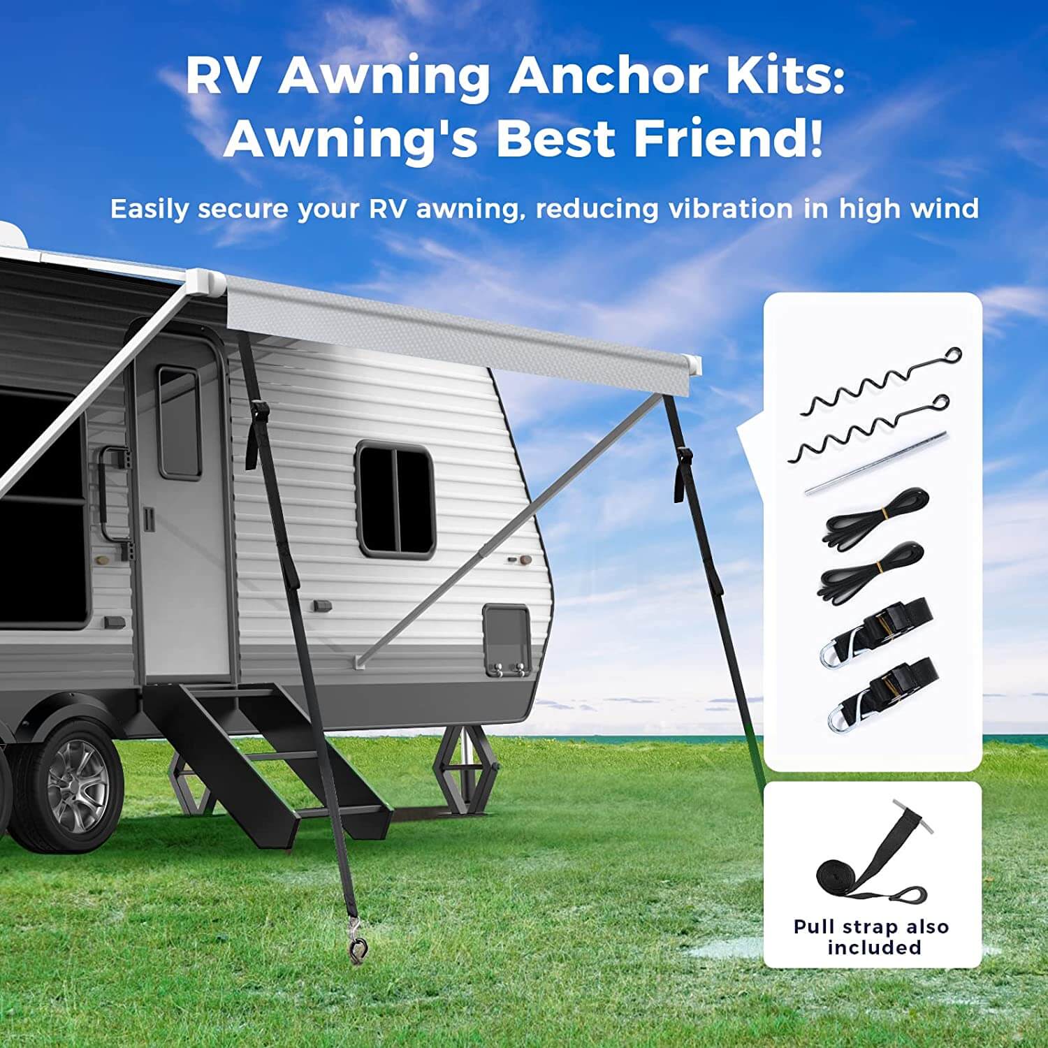 RV Awning Fabric Replacement with Awning Tie Down Kits & 7 Awning Hooks & Pull Strap for Trailer Camper Awning Gray / 20' (Fabric 19'2'')