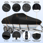 Trailerable Boat Cover, 1400D Center Reinforced, 16'-18.5', Black | Heavy Duty Marine Fabric, Waterproof, UV Resistant, Tear-Resistant, Air Vents, 11 Straps, fits V-hull Bass Tracker Boat